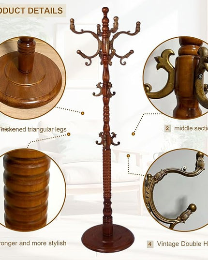Coat Rack Freestanding with 18 Hooks, Wooden Standing Coat Racks for Entryway, Solid Wood Clothes Hanger Rack with Sturdy Round Base for Entryway, Hall, Bedroom, Office, Hallway (Caramel color)