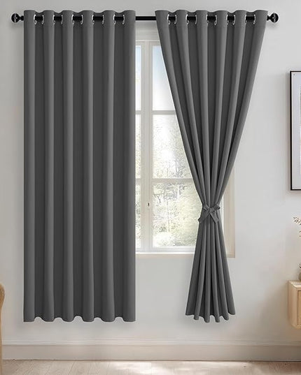 JIUZHEN Dark Grey Blackout Curtains with Tiebacks Thermal Insulated, Light Blocking and Noise Reducing Grommet Curtains for Bedroom and Living Room, Set of 2 Window Curtain Panels, 70 x 72 Inch Length