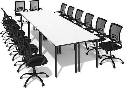 Bonzy Home 12FT Conference Table with Chairs, 142"x47"x30" Tables & 14Pcs Office Chairs, Meeting Room Study Printer Podcast Seminar Table Set for 14 People, White