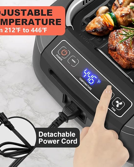 CUSIMAX Smokeless Grill, Electric Indoor Grill, 1500W Korean BBQ Grill with Non-stick Removable Grill/Griddle Plate, LED Smart Display & Tempered Glass Lid, Grey