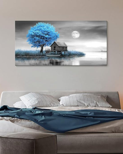 JEAWA Landscape Canvas Wall Art Decor - Blue Gray Wall Art for Bedroom Living Room Home Office, Winter Wall Art Canvas Paintings, Moon Pictures Wall Decor, Tree Art Wall Decor, 24x48 IN