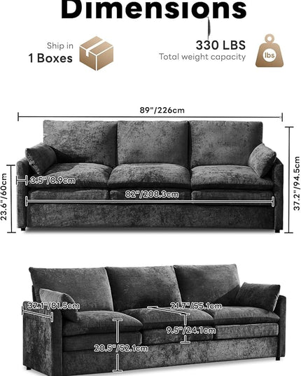 Tbfit Modern Couch, 89" Cloud Sofa, Spring Seat Cushions, Comfy 3-Seater w/Pillows, Chenille Fabric Removable Covers, Soft Upholstered Living Room Furniture for Home Apartment, Dark Gray