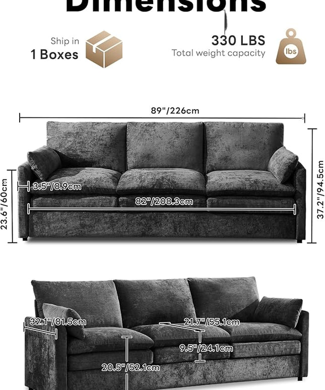 Tbfit Modern Couch, 89" Cloud Sofa, Spring Seat Cushions, Comfy 3-Seater w/Pillows, Chenille Fabric Removable Covers, Soft Upholstered Living Room Furniture for Home Apartment, Dark Gray