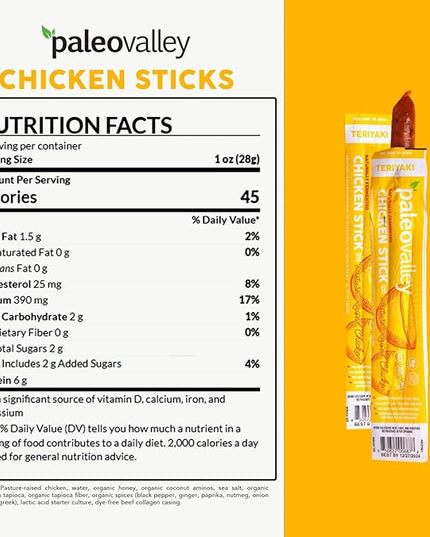 Paleovalley Pasture-Raised Chicken Sticks – 10 Pack – 7g Protein per Stick – Keto-Friendly, Paleo, Gluten-Free, Nitrate-Free – On-the-Go Snack (10 Pack, Teriyaki)