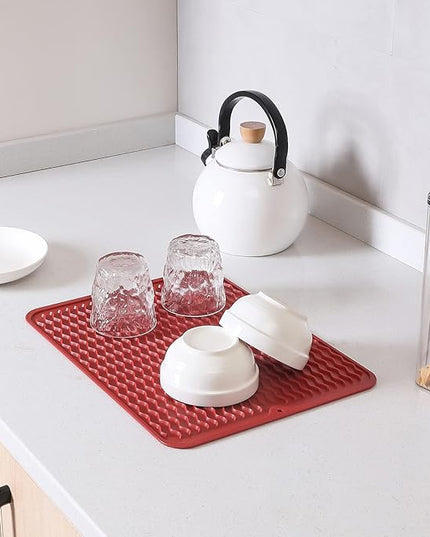Silicone Dish Drying Mat for Multiple Usage,Easy clean,Eco-friendly,Heat-resistant Silicone Mat for Kitchen Counter or Sink,Refrigerator or drawer liner Red L 16 inches x 12 inches