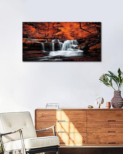 Large Canvas Wall Art Waterfall Autumn Forest Canvas Picture Stream River Landscape Red Tree Modern Canvas Artwork Contemporary Nature Picture Living Room Bedroom Home Office Wall Decor 24" x 48"