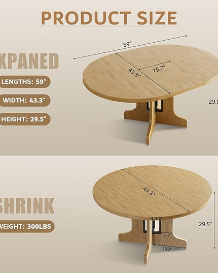 iPormis 59" Round Extendable Dining Table for 4-6, Modern Kitchen Table with Heavy Duty Pedestal Base & Wooden Top, Oval Dining Room Table for Dining Living Room, Easy Assembly, Oak