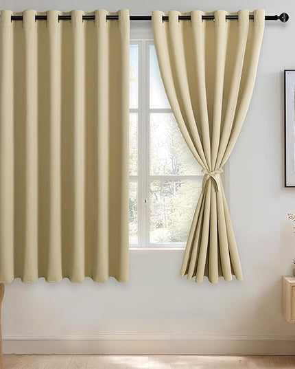 JIUZHEN Light Beige Blackout Curtains with Tiebacks - Thermal Insulated, Light Blocking and Noise Reducing Grommet Curtains for Bedroom and Living Room, 2 Window Curtain Panels, 70 x 63 Inch Length