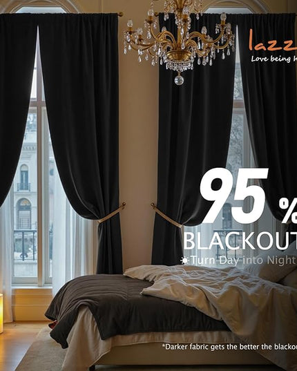 Lazzzy Velvet Blackout Curtains Thermal Insulated Room Window Drapes Super Soft Luxury Curtains for Living Room Bedroom Rod Pocket 2 Panels, Black, 42" W x 90" L