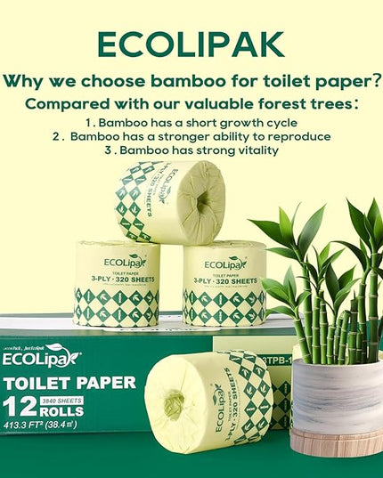 ECOLipak Bamboo Toilet Paper 3 Ply, Septic Safe Toilet Tissue, 12 Double Rolls, 320 Sheets Per Roll, Tree Free, Non Toxic, Soft and Absorbent, Eco Friendly Dye-Free Paper, White
