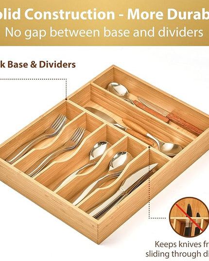 Umilife Bamboo Kitchen Drawer Organizer, 13 Inch Silverware Utensil Tray Holder, Extra Deep Grooved Drawer Divider, 7 Slots Total Bamboo Wood Caddy for Flatware Cutlery Knives, Forks, Spoons