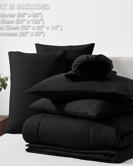 CozyLux Oversized Queen Comforter Sets Black, 7 Pieces Bed in a Bag, Ultra-Soft All Season Bedding Sets with Stitch Quilted Comforter, Flat Sheet, Fitted Sheet, Pillowcases, Black
