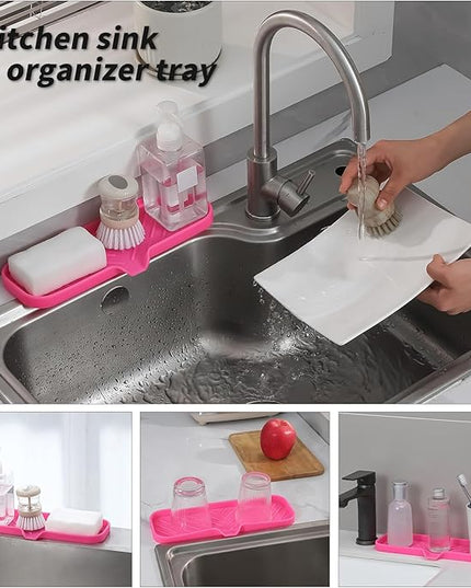 Silicone Bathroom Soap Dishes with Drain Spout-Bathroom and Kitchen Sink Organizer,Sponge Holder,Dish Soap Tray,Perfect for Dispenser,Scrubber,Bottle,Cup on Sink or Counter-Rose 12"×4"