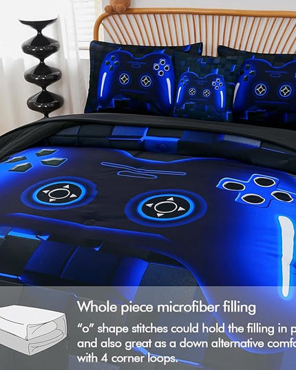 PERFEMET 6 Pieces Kids Game Comforter Set Full Size Blue Gamer Bedding Set for Boys Teen 3D Cool Black Video Gaming Bed in A Bag with Sheets(Blue, Full)
