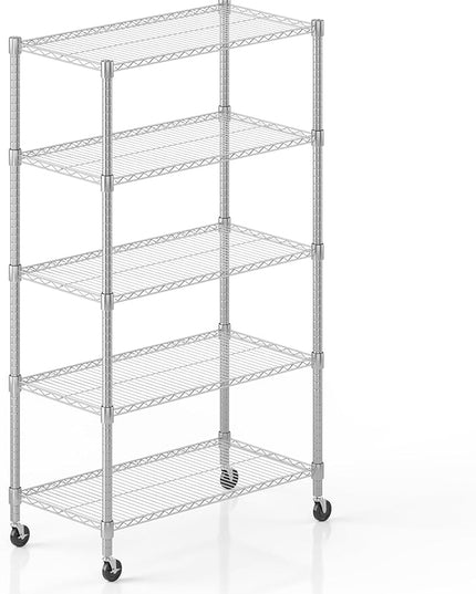 Himimi 5-Tier Heavy Duty Steel Wire Rack Storage Shelving, Adjustable Metal Storage Shelves with Wheels, 82''H Wire Shelf for Kitchen Garage Basement Pantry Organization, 18" D×36" W×82" H-Silver