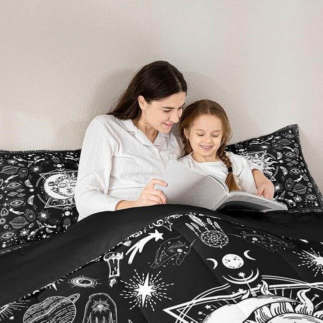 Sun and Moon Kids Comforter Set Queen Size,Starry Sky Galaxy Planets Trippy Bedding Set,Boys Girls Adults Room Decor,Paisley Boho Exotic Down Comforter,Black White Chic Duvet Insert,2 Pillowcases