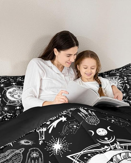 Sun and Moon Kids Comforter Set King Size,Starry Sky Galaxy Planets Trippy Bedding Set,Boys Girls Adults Room Decor,Paisley Boho Exotic Down Comforter,Black White Chic Duvet Insert,2 Pillowcases