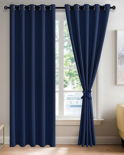 JIUZHEN Navy Blue Blackout Curtains with Tiebacks Thermal Insulated, Light Blocking and Noise Reducing Grommet Curtains for Bedroom and Living Room, Set of 2 Window Curtain Panels, 60 x 84 Inch Length