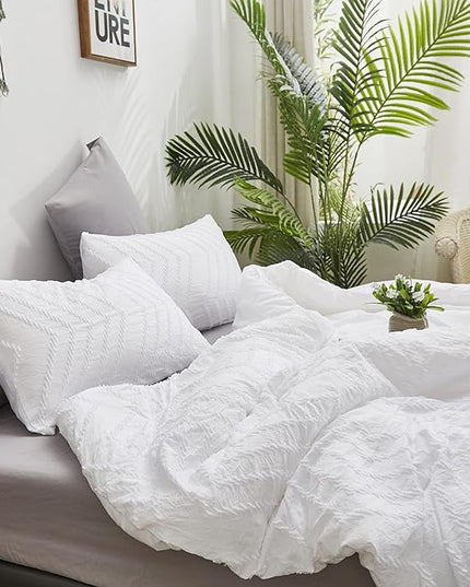 Houseri White Comforter Queen Size Boho Set Full Tufted Jacquard Bedding Sets Plain Shabby Chic Farmhouse Girls All Bed