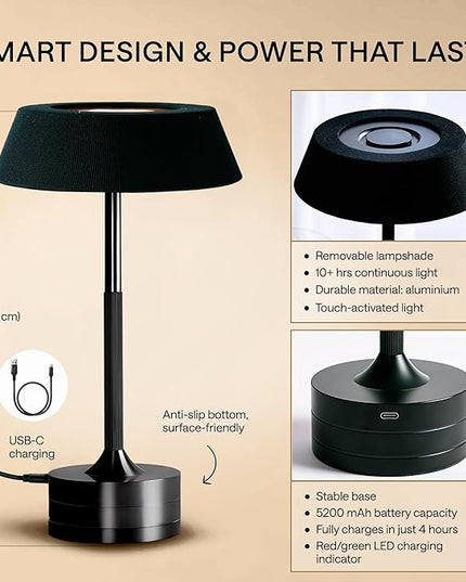 LED Cordless Table Lamp - Rechargeable Light for Home, Bedside, Kitchen - Small Dimmable Tap Lights - Battery Powered Touch Lamp for Desk Wireless - Black and Gold Lamp Shades, IP44, USB Type C Cable