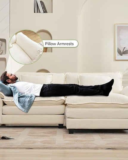 86" Modular Sectional Sofa, Comfy Cloud Couch Sectional Sofa with Ottoman, Chenille Sofa Sleeper Deep Seat Sofa with Throw Pillows for Living Room (Beige White, 86"- L Shape)