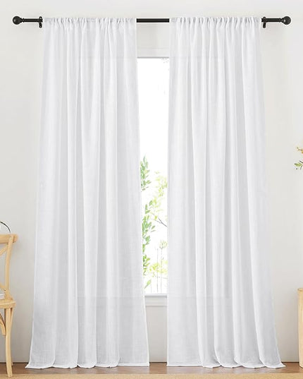 NICETOWN White Linen Sheer Curtains 108 Inches Long 2 Panels Set, Back Tab & Rod Pocket Pinch Pleated Curtains for Bedroom Room Darkening Window Drapes for Living Room, 52 inches Wide per Panel