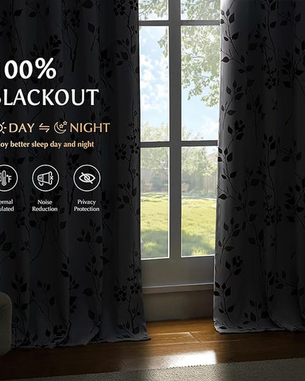 Beauoop Floral 100% Blackout Curtains 84 Inches Long 2 Panels for Bedroom Living Room Tan Brown and White Flower Patterned Room Darkening Thermal Soundproof Rod Pocket Back Tab Window Drapes, 52X84