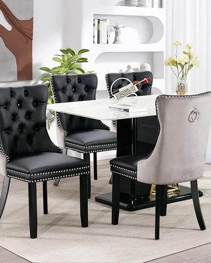 SoarFlash Leather Dining Chairs Set of 4, Tall Back Side Chair, Modern Upholstered Side Chair with Button Back Ring, Solid Wood Legs (Black&Grey)