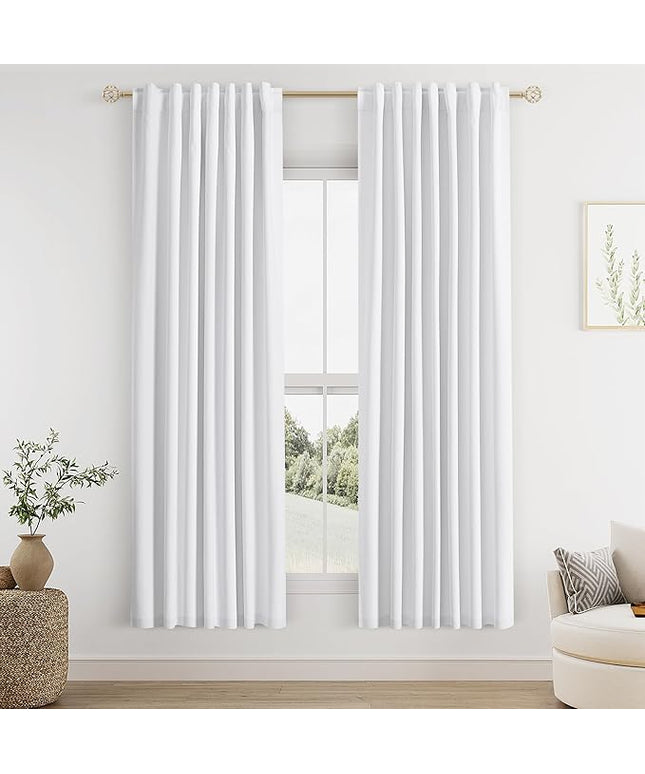 Guken White Linen Blackout Curtains 72 Inch Length 2 Panels Set for Living Room Bedroom Back Tab Thermal Insulated 100% Black Out Linen Drapes Room Darkening Window Curtains Pure White