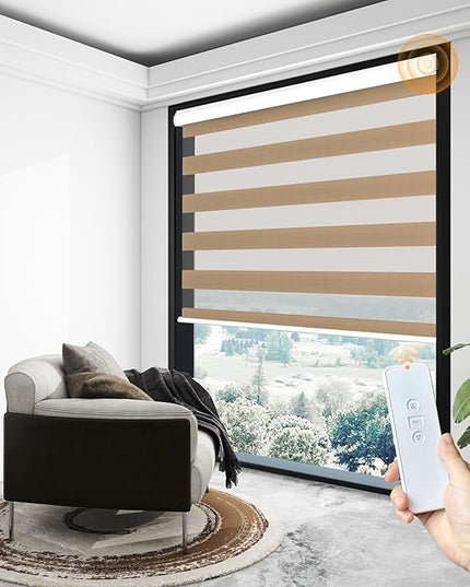 Motorized Zebra Blinds Rechargeable with Remote Blackout Cordless Zebra Shade Smart Electric Curtains for Windows and Privacy Light Filtering Roller Shades, Custom Size Brown