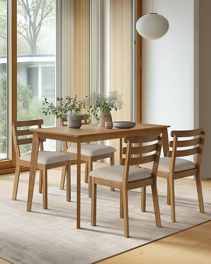 Farmhouse Dining Table Set for 4, Wooden Dining Roon Table and Solid Wood Chairs, 5-Piece Modern Dining Set Home, Kitchen, Dining Room, 4 Upholstered Chairs, Rubberwood Legs