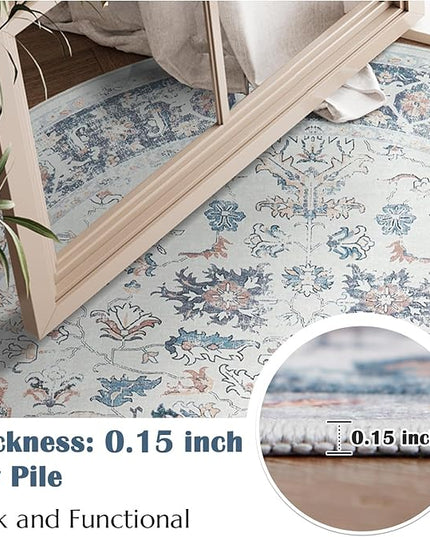 jinchan Round Rug 4ft Area Rug - Washable Boho Vintage Floral Circle 4' Round Floor Cover Lightweight Low Pile Thin Throw Non-Slip Carpet for Kitchen Living Room Bedroom Dining Room Office Grey Multi