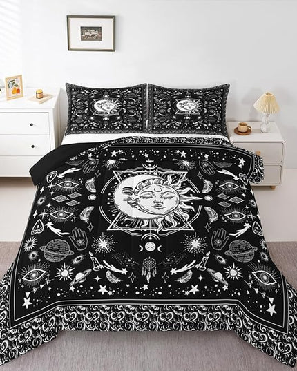 Sun and Moon Kids Comforter Set Twin Size,Starry Sky Galaxy Planets Trippy Bedding Set,Boys Girls Adults Room Decor,Paisley Boho Exotic Down Comforter,Black White Chic Duvet Insert,1 Pillowcase
