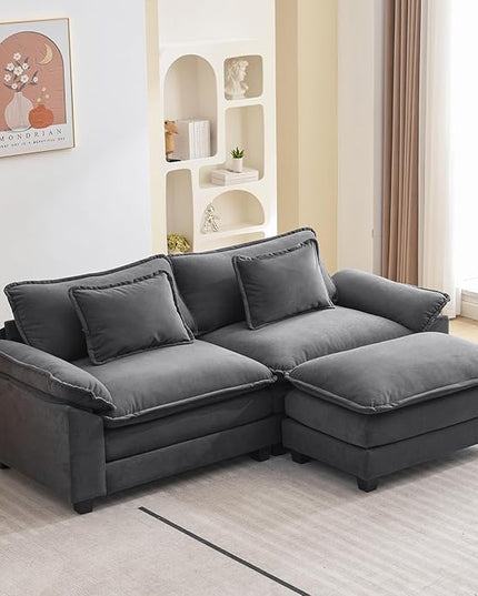86" Modular Sectional Sofa, Comfy Cloud Couch Sectional Sofa with Ottoman, Velvet Sofa Sleeper Deep Seat Sofa with Throw Pillows for Living Room (Blue Gray, 86"- L Shape)