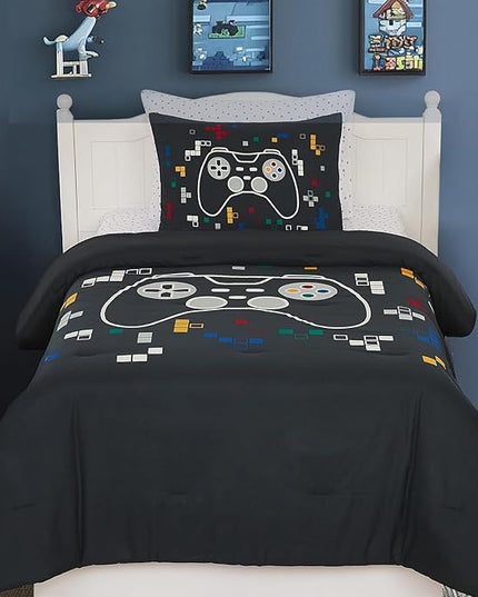 Twin Comforter Set for Boys-5 Pieces Gamer Glow in The Dark Twin Bedding Sets for Kids, Ultra Soft Bed in A Bag with Sheets