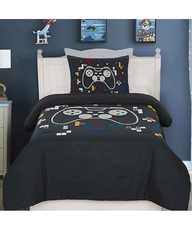 Twin Comforter Set for Boys-5 Pieces Gamer Glow in The Dark Twin Bedding Sets for Kids, Ultra Soft Bed in A Bag with Sheets