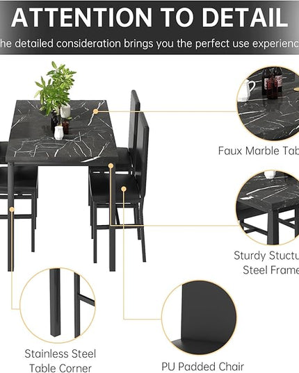 AWQM Dining Table Set for 4, Modern Marble Dining Table Set with 4 Upholstered PU Leather Chairs,Dining Room Table Set for Kitchen, Breakfast Nook, Dining Room, Black