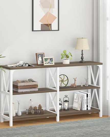 LVB Farmhouse Entryway Table, Industrial Wood Sofa Table with Storage Shelf, Modern Console Tables Behind Couch for Living Room, Wooden Hallway Foyer Table for Front Entry, White Rustic Oak, 55 Inch