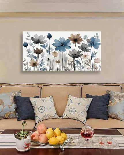 KZKU Flowers Canvas Wall Art - Floral Pictures for Wall Decor Indigo Brown Grey Canvas Prints Nature Printing Artwork for Living Room Bedroom Home Office Wall Decoration 24" x 48"