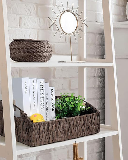 Ollieroo Natural Water Hyacinth Storage Baskets, Handwoven Wicker Storage Bins with Built-in Handles, Storage Container Baskets for Shelves, Bedroom, Bathroom, Laundry Room or Kitchen(Black)