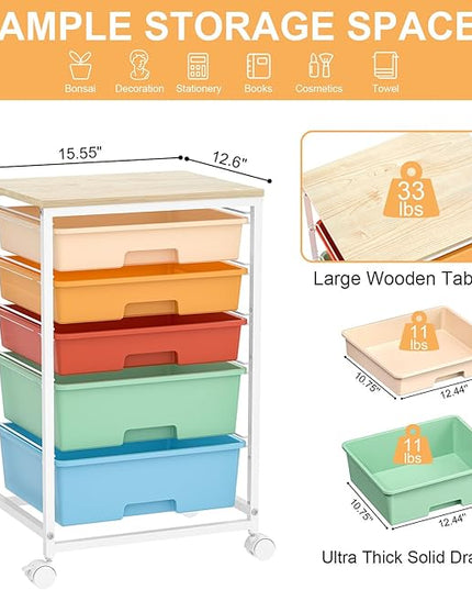Craft cart,Rolling Cart with Drawers,Storage Cart with 5 Drawers and Wooden Tabletop for Under Desk Organizers and Storage,Macaron