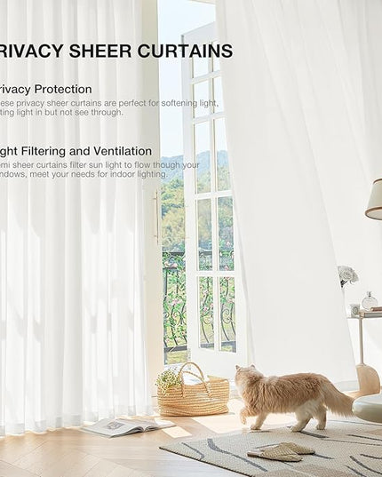 Anmao Non-See-Through Off White Privacy Semi Sheer Curtains for Living Room 96 Inch Length 2 Panels Set, Light Filtering That Let Light in Rod Pocket Window Drapes for Bedroom, 40W x 96L, Ivory White