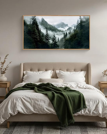 HOURIA Boho Forest Mountain Framed Canvas Wall Art Set,Nature Foggy Woodland Ridge Wall Decor,Misty Pine Tree Artwork,Sage Green Botanical Art Prints for Living Room, Bedroom, Farmhouse- 20"×40"×1