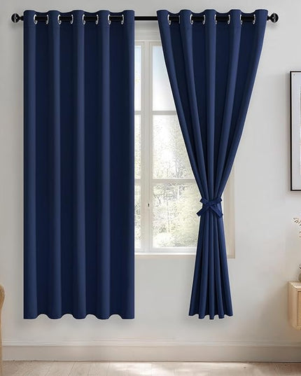 JIUZHEN Navy Blue Blackout Curtains with Tiebacks Thermal Insulated, Light Blocking and Noise Reducing Grommet Curtains for Bedroom and Living Room, Set of 2 Window Curtain Panels, 60 x 72 Inch Length