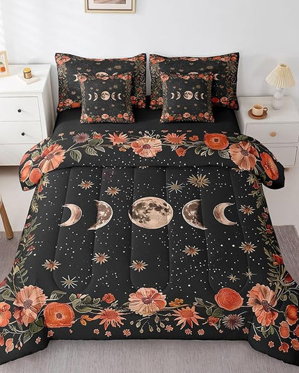 Feelyou Sun Moon Trippy 7 Piece Bedding Set Queen Size Red Floral Comforter Set with Sheets for Kids Adult Boho Nature Bed in a Bag Starry Galaxy Bed Set