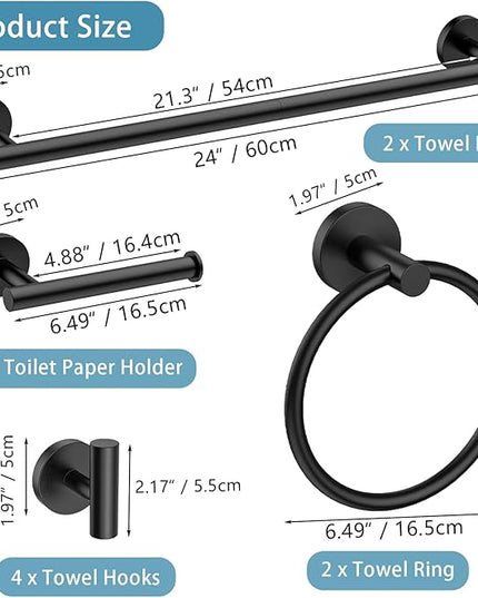 Newfun 10-Pieces Bathroom Hardware Set, Includes 24 Inch Towel Racks for Bathroom Wall Mounted, Toilet Paper Holder, Towel Hooks for Bathrooms, Towel Rings for Bathroom Wall (Matte Black)