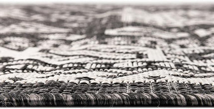 Rugs.com Outdoor Aztec Collection Rug – 5 Ft Round Charcoal Gray Flatweave Rug Perfect for Kitchens, Dining Rooms