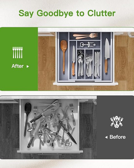 Pipishell Bamboo Expandable Drawer Organizer for Utensils Holder, Adjustable Cutlery Tray, Wood Drawer Dividers Organizer for Silverware, Flatware, Knives in Kitchen, Bedroom, Living Room(M-Grey)
