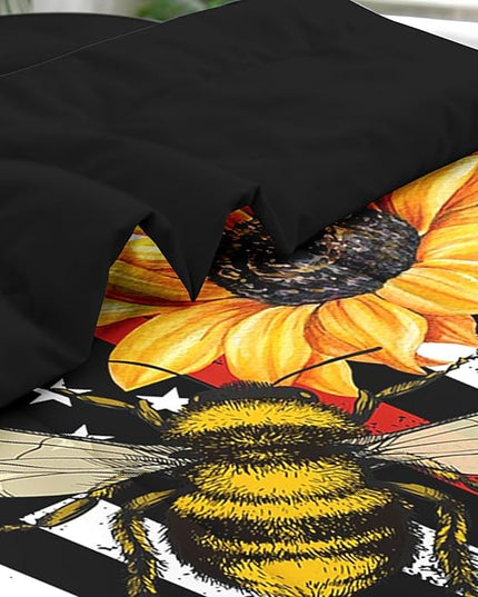 Comforter Set Twin Size, Honey Bee Vintage 5 Pcs Bedding for Kids and Adults, Sunflower Flower Sun Bed Sheet Sets with Fitted Sheet Pillowcase & Sham for Bedroom Bed Decor