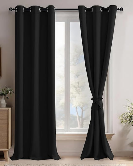 JIUZHEN Black Blackout Curtains for Bedroom - Light Blocking and Noise Reducing Grommet Curtains for Living Room Darkening Curtains, Set of 2 Window Curtain Panels, 42 x 96 Inch Length
